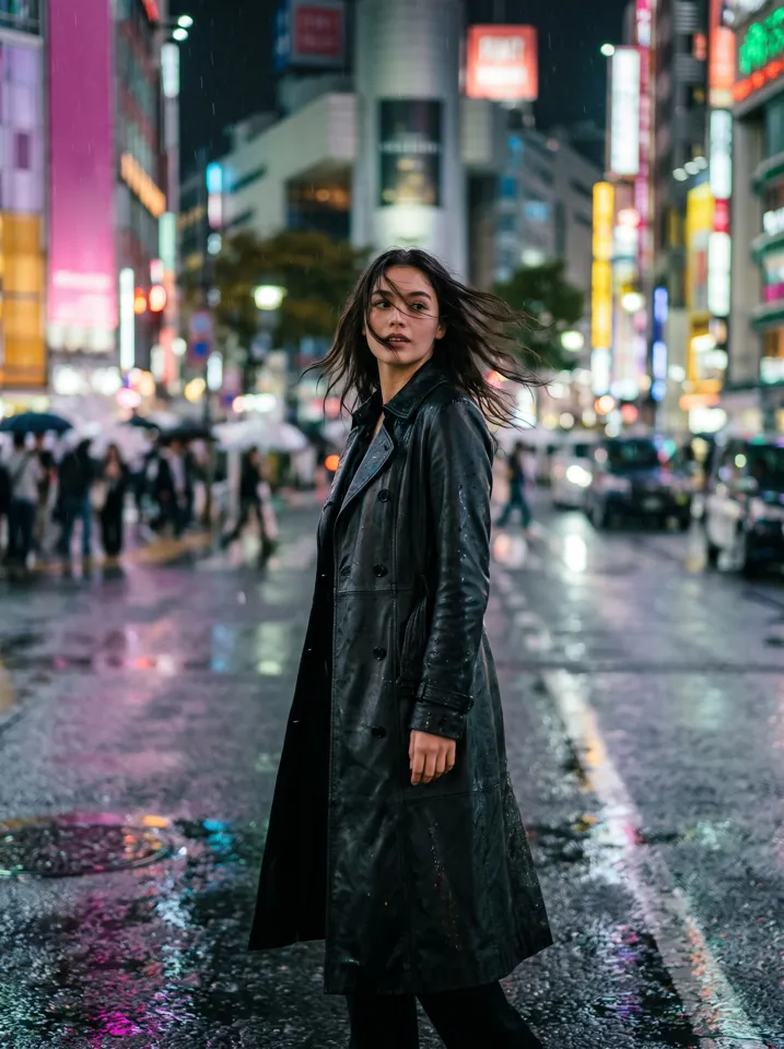 Original photo: a woman in a leather coat on a rainy neon street